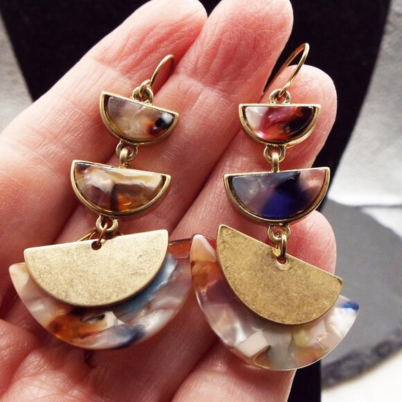 MIXED COLOR ACRYLIC "CRESCENT" SHAPED W/ BRASS DANGLY PIERCED EARRINGS 18 - Picture 2 of 2